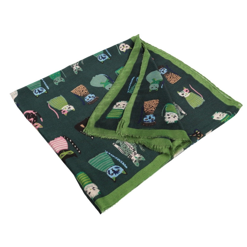 Lightweight green cat print neck scarf – Nikko (1)