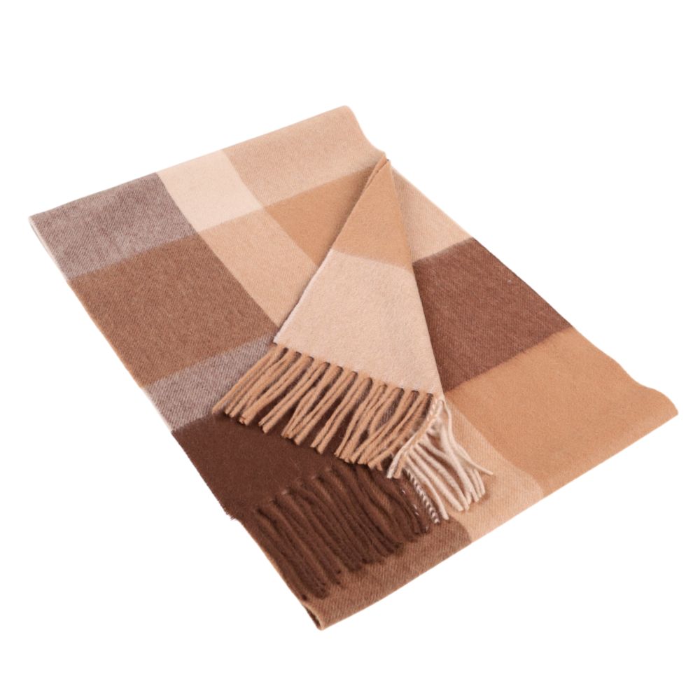 Brown and beige large check scarf in 100% wool – York (1)