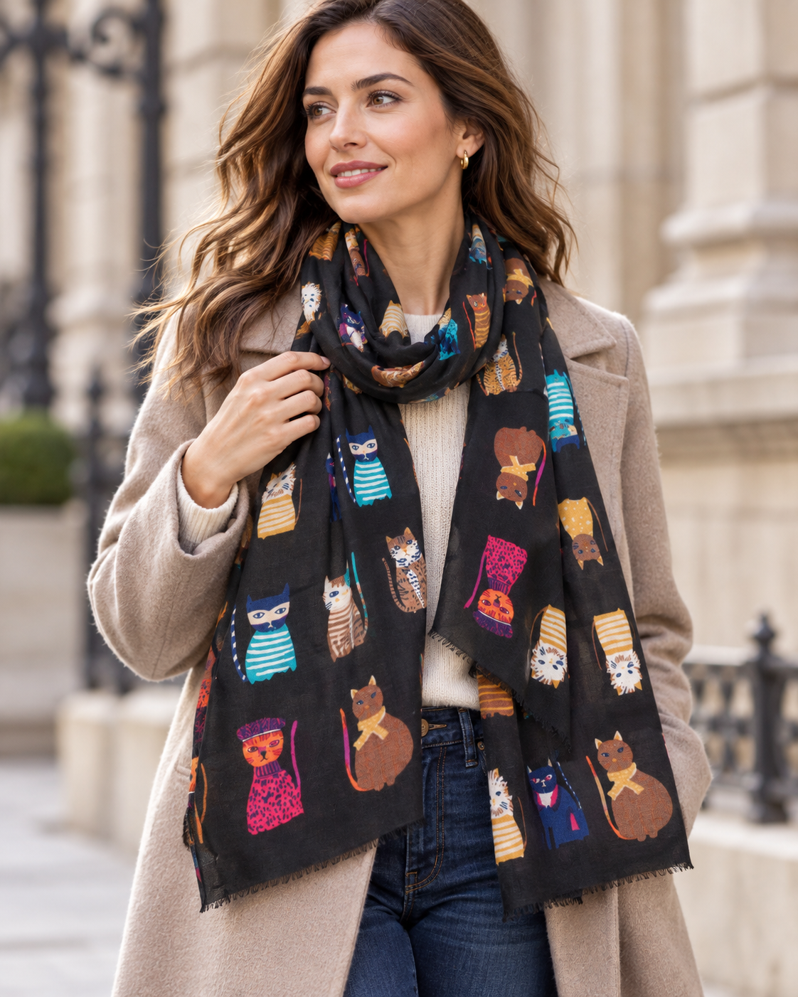 Soft black cat print scarf for women – Nikko (5)
