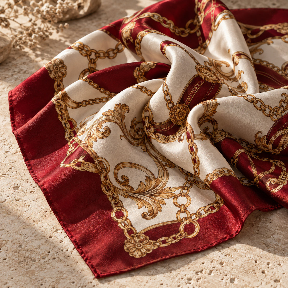A silk scarf with a red and cream background features an ornate gold chain and scroll pattern, lying gently folded on a textured beige surface with soft natural light.