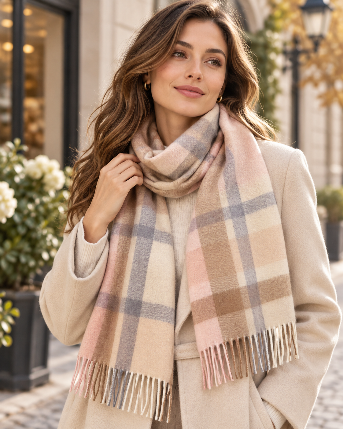 Beige check scarf in 100% wool – London (5)