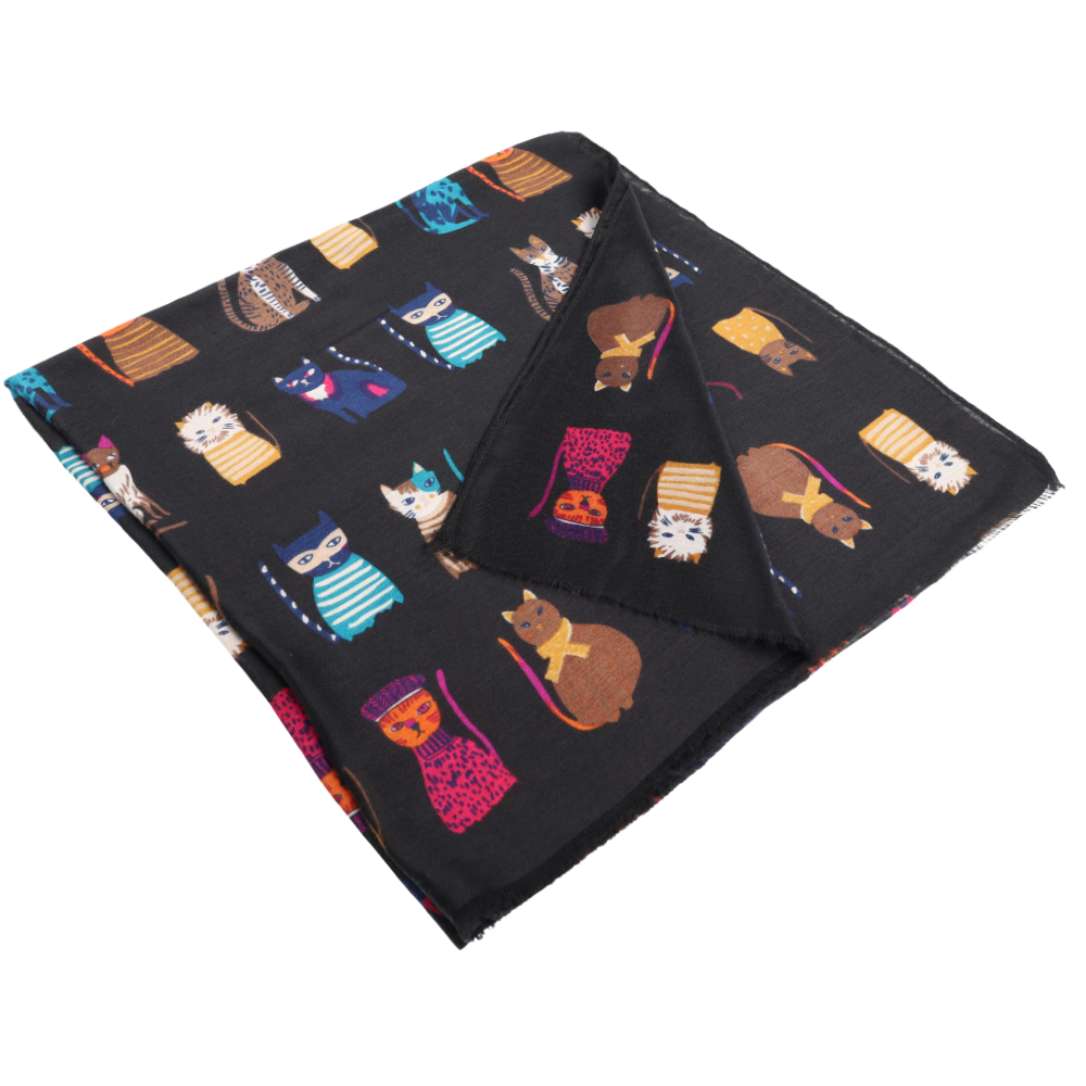 Soft black cat print scarf for women – Nikko (1)