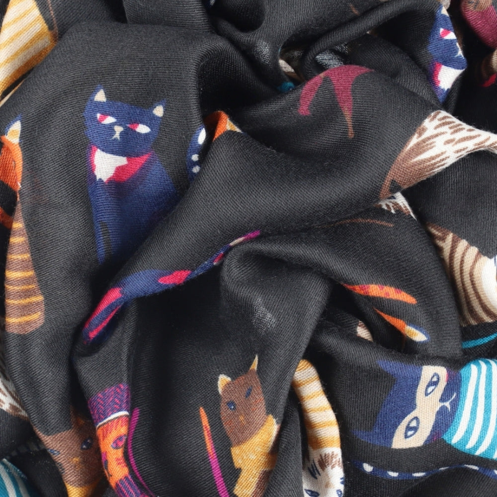 Soft black cat print scarf for women – Nikko (2)