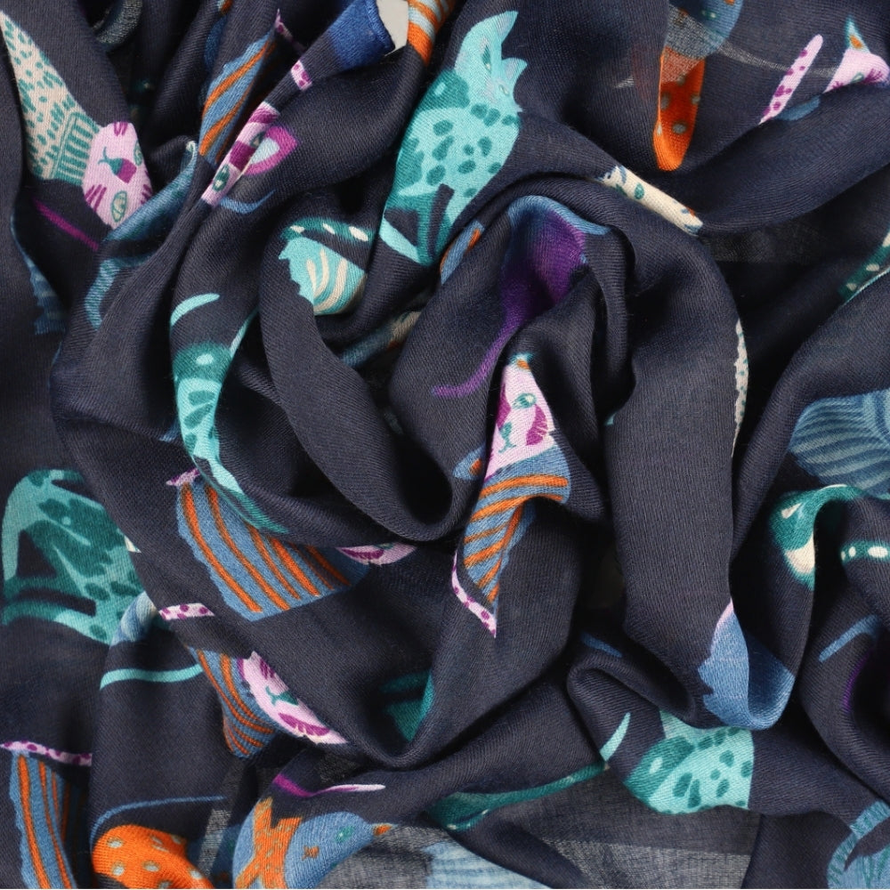 Soft long blue cat print scarf – Nikko (2)