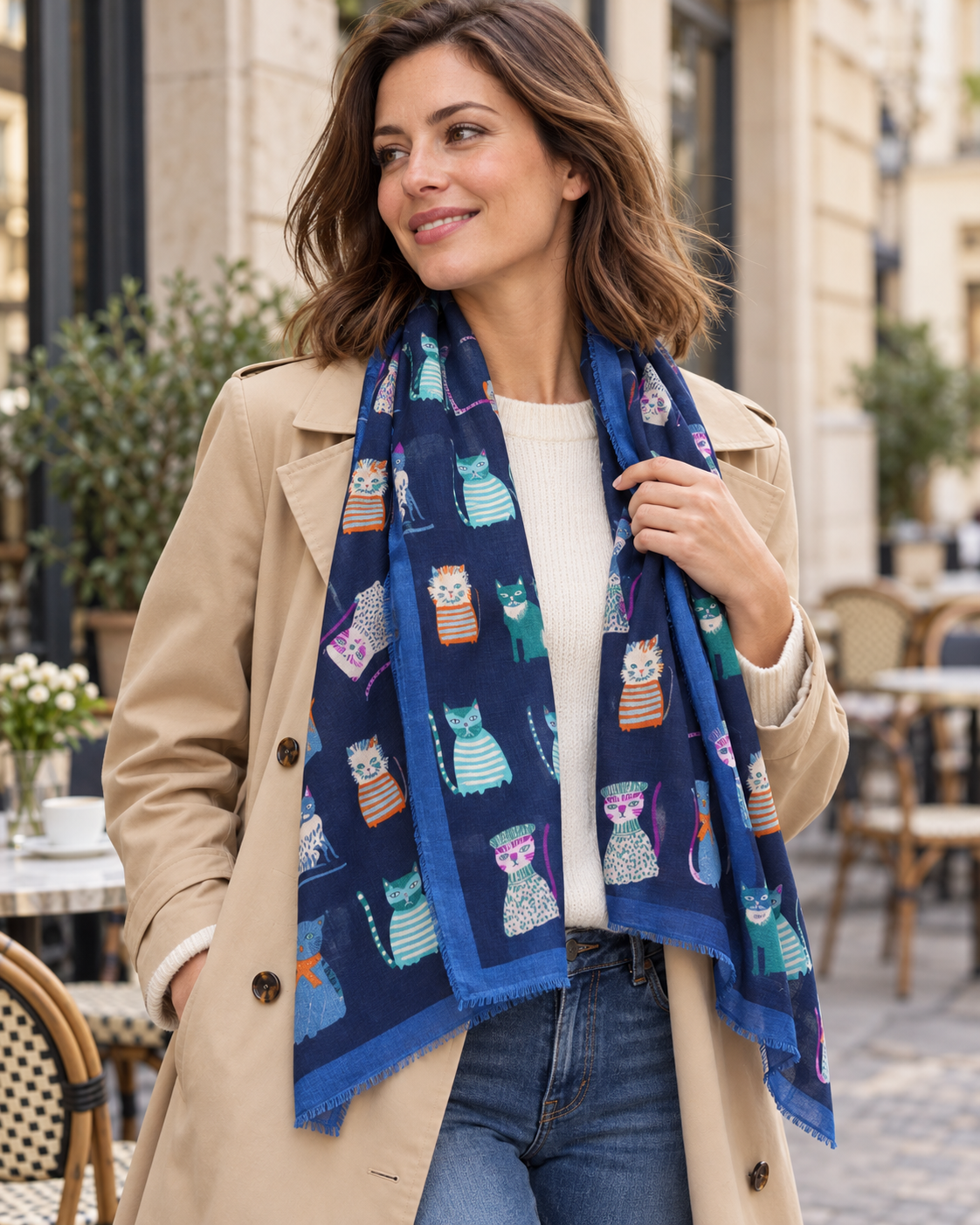 Soft long blue cat print scarf – Nikko (5)
