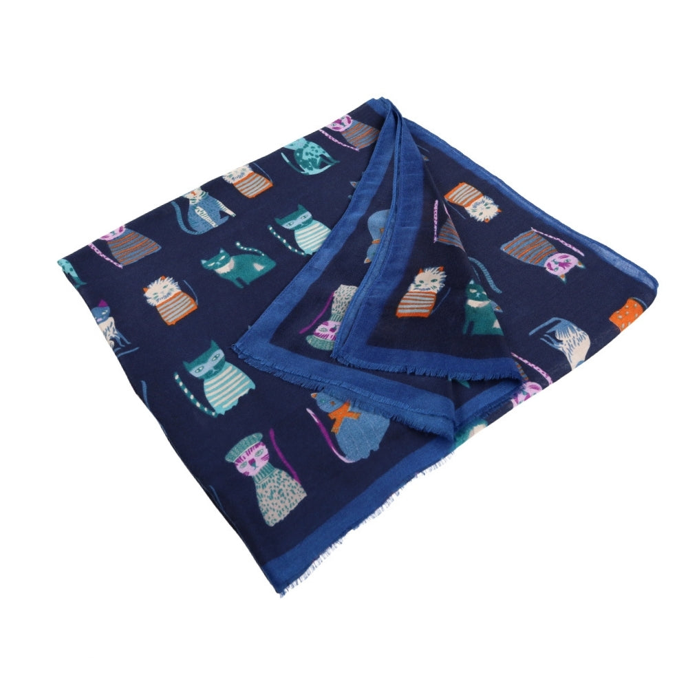 Soft long blue cat print scarf – Nikko (1)