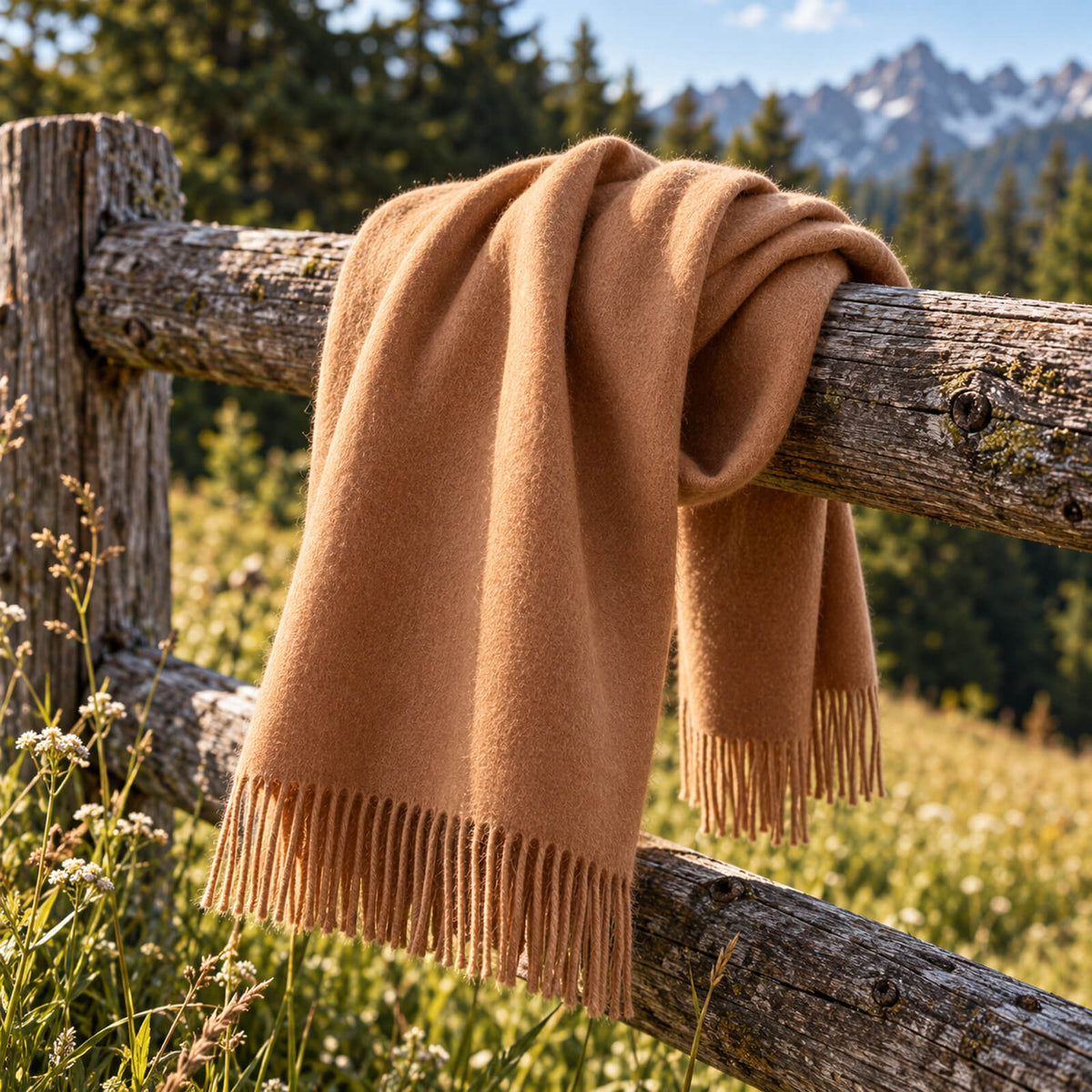 A light brown fringed scarf draped over a rustic wooden fence, with wild grasses in the foreground and pine trees plus mountains in the background on a sunny day.