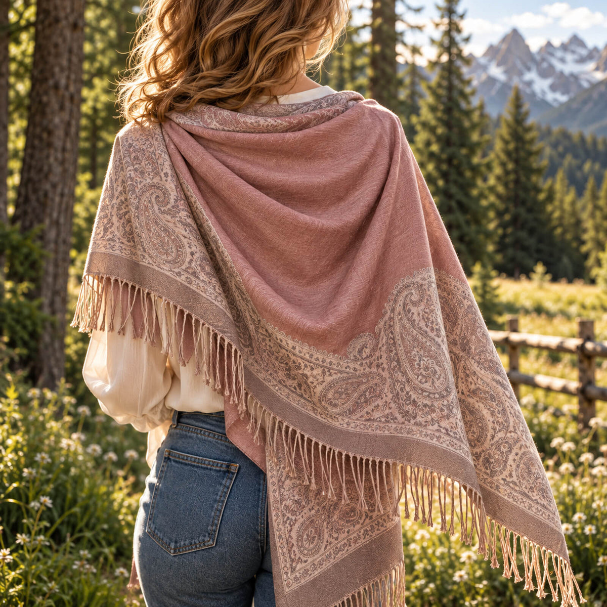 A person with wavy hair, seen from behind, stands outdoors wearing a paisley-patterned shawl with fringe. Pine trees, a wooden fence, and snow-capped mountains are visible in the background.