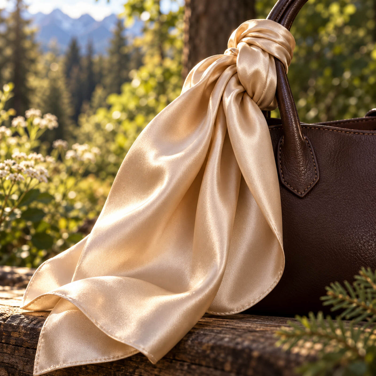 A silky champagne-colored scarf is tied to the handle of a brown leather handbag, resting on a wooden bench outdoors with greenery and sunlight in the background.